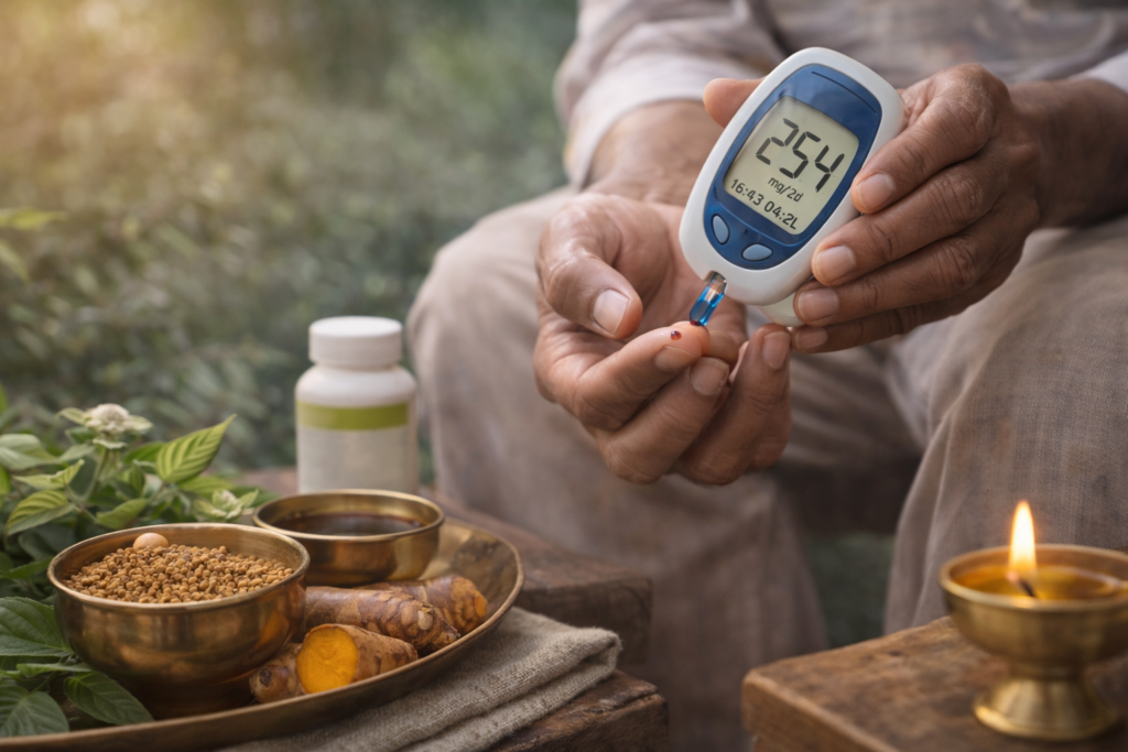 Diabetes mellitus blood sugar check with Ayurvedic treatment and natural care