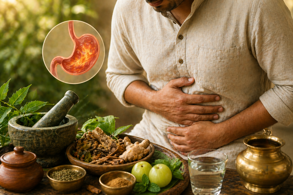 Ayurvedic treatment for gastritis with natural herbs and stomach care therapy