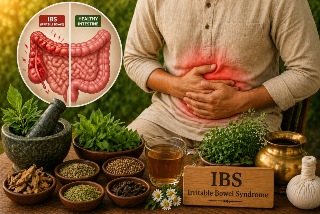 Ayurvedic IBS treatment in Malleshwaram Bangalore showing natural relief for stomach pain and digestive issues