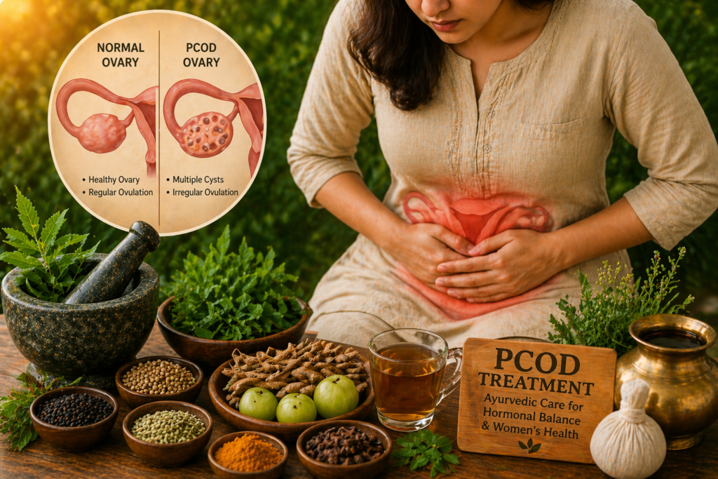 Ayurvedic PCOD treatment in Malleshwaram Bangalore showing woman with hormonal imbalance and herbal remedies