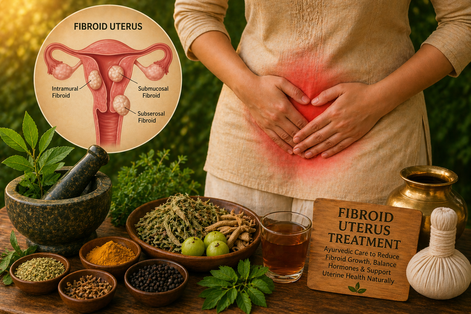 Ayurvedic treatment for fibroid uterus in Bangalore showing woman with abdominal pain and herbal remedies