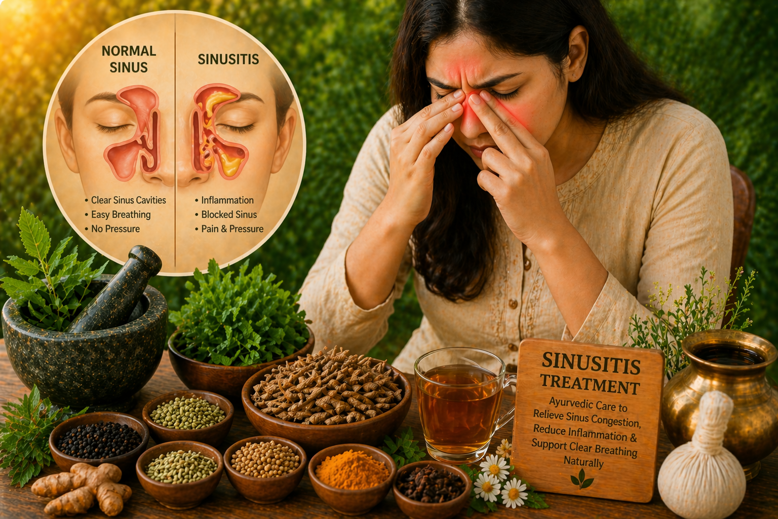 Ayurvedic sinusitis treatment showing woman with sinus pain and herbal remedies for natural relief