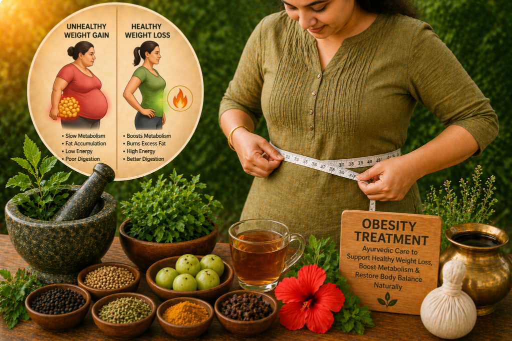 Ayurvedic obesity treatment with herbal remedies and woman measuring waist for natural weight loss