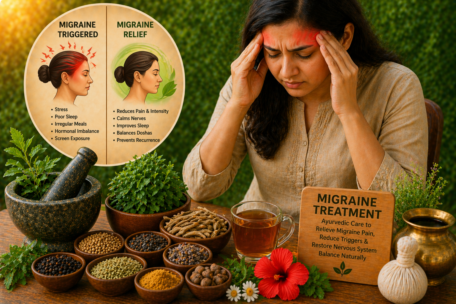 Ayurvedic migraine treatment with herbal remedies and woman experiencing headache relief naturally