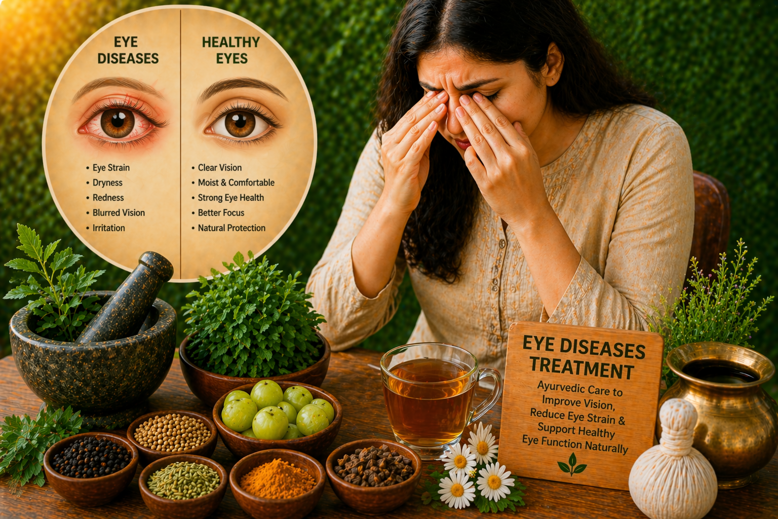 Ayurvedic treatment for eye diseases showing woman with eye strain, herbal remedies, and natural eye care ingredients for improving vision and reducing eye irritation.